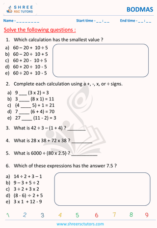 11 Plus Exam  Maths worksheet: BODMAS