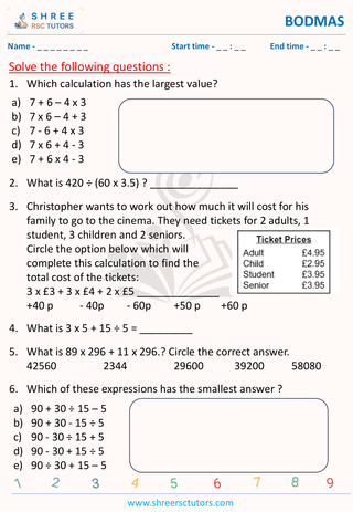 11 Plus Exam  Maths worksheet: BODMAS