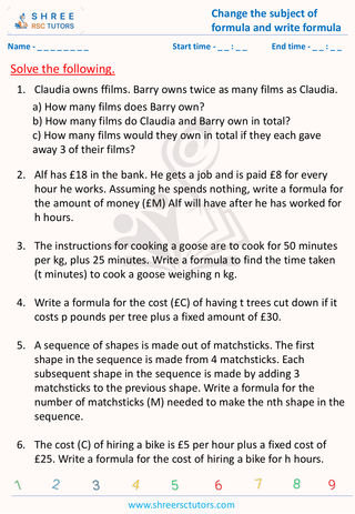 GCSE  Maths worksheet: Formulas - Change the subject