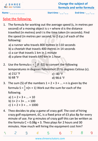 GCSE  Maths worksheet: Formulas - Change the subject