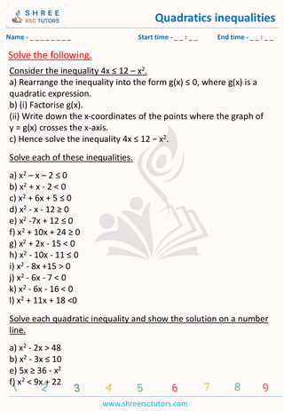 GCSE  Maths worksheet: Inequalities - Quadratic Inequalities