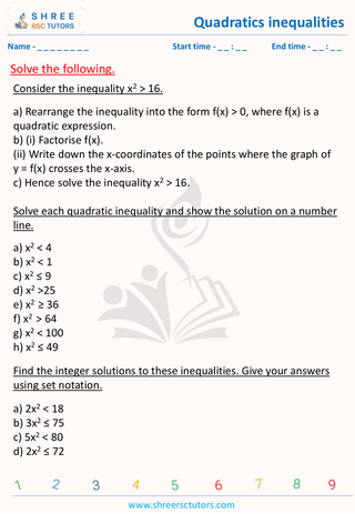 GCSE  Maths worksheet: Inequalities - Quadratic Inequalities