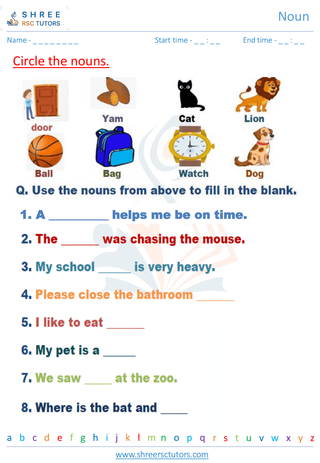 Grade 1  English worksheet: Noun
