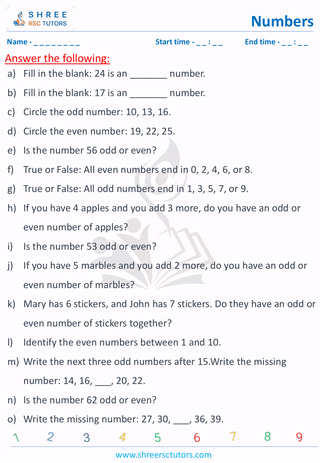 Grade 1  Maths worksheet: Odd and even numbers
