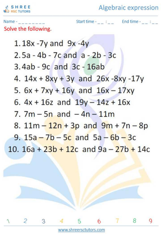 Grade 11  Maths worksheet: Algebraic expression