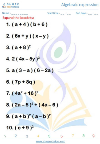Grade 11  Maths worksheet: Algebraic expression