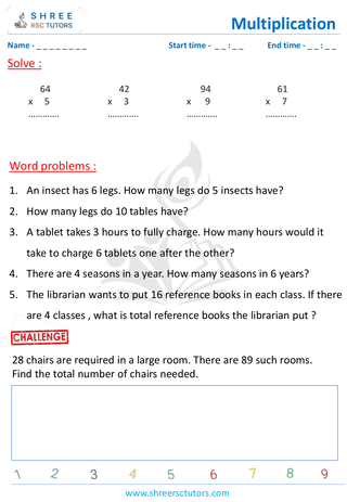 Grade 2  Maths worksheet: Multiply numbers - Multiplication - word problem
