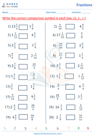 Grade 5  Maths worksheet: Fraction computation - Comparing fractions