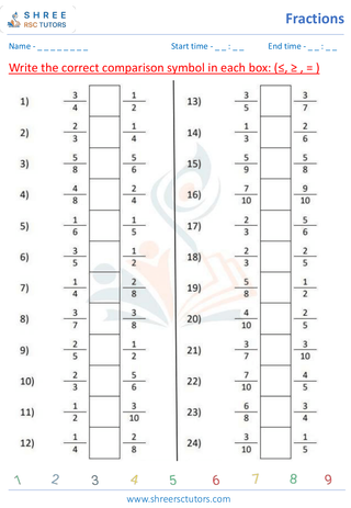 Grade 5  Maths worksheet: Fraction computation - Comparing fractions
