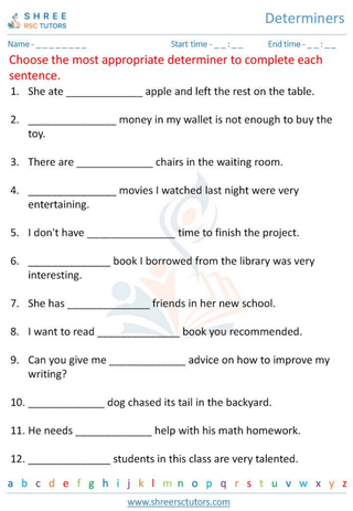 Grade 6  English worksheet: Determiners