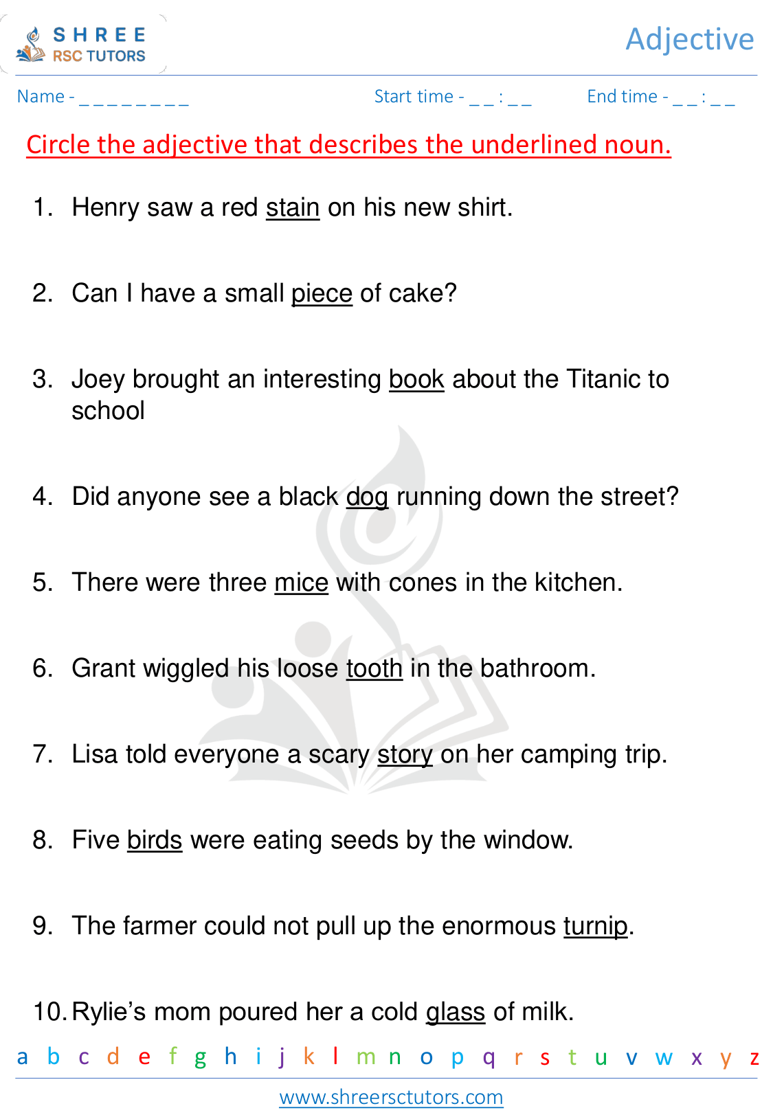 Adjective worksheets for Grade 1 English shree rsc tutors