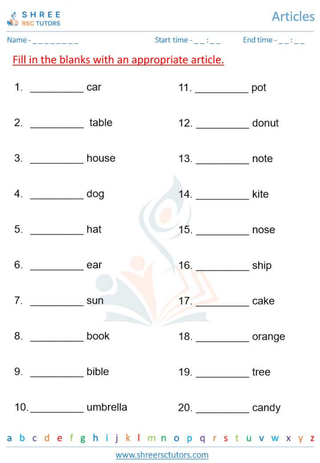 Grade 1  English worksheet: Articles