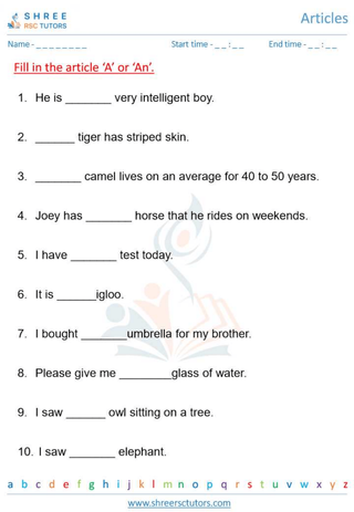 Grade 1  English worksheet: Articles