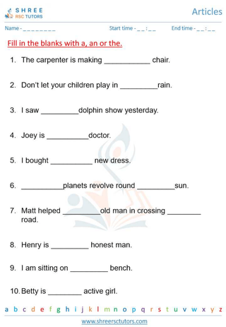 Grade 1  English worksheet: Articles