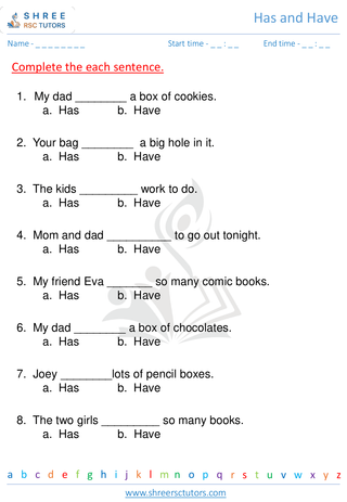 Grade 1  English worksheet: Has and Have