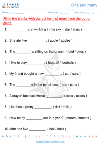 Grade 1  English worksheet: One and many