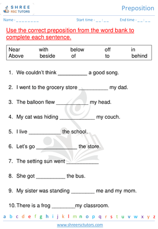 Grade 1  English worksheet: Preposition