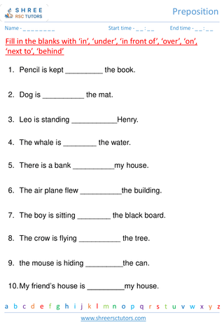 Grade 1  English worksheet: Preposition