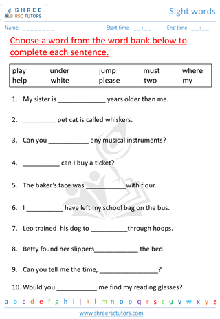 Grade 1  English worksheet: Sight words