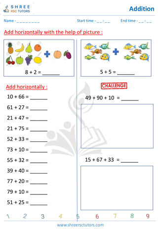 Grade 1  Maths worksheet: Add numbers - Add 2 digits Horizontal questions