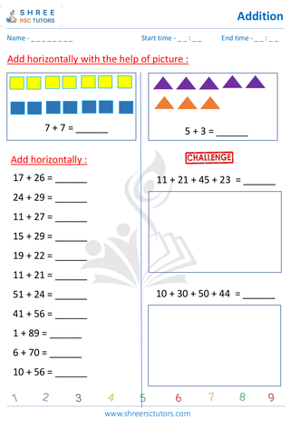 Grade 1  Maths worksheet: Add numbers - Add 2 digits Horizontal questions