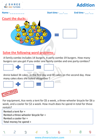 Grade 1  Maths worksheet: Add numbers - Add word problems