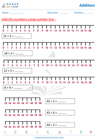 Grade 1  Maths worksheet: Add numbers - Addition with the help of number line