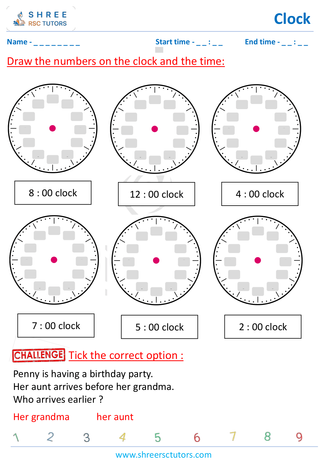 Grade 1  Maths worksheet: Clock interpretation - Draw the clock