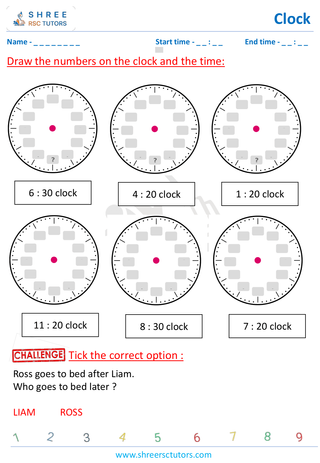 Grade 1  Maths worksheet: Clock interpretation - Draw the clock