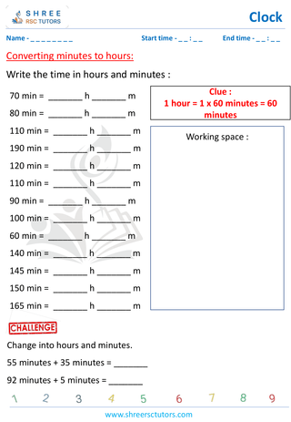 Grade 1  Maths worksheet: Clock interpretation - How many minutes in an hour ?