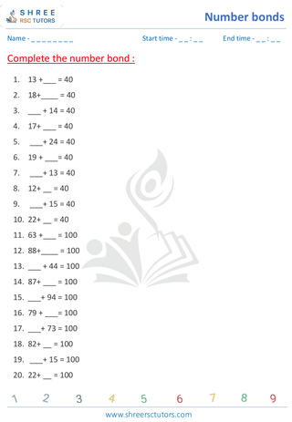 Grade 1  Maths worksheet: Number combinations - Number bonds 1 and 2 digits