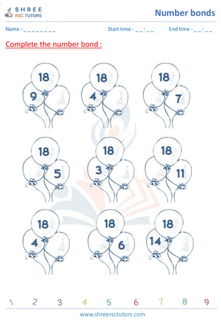 Grade 1  Maths worksheet: Number combinations - Number bonds 1 and 2 digits