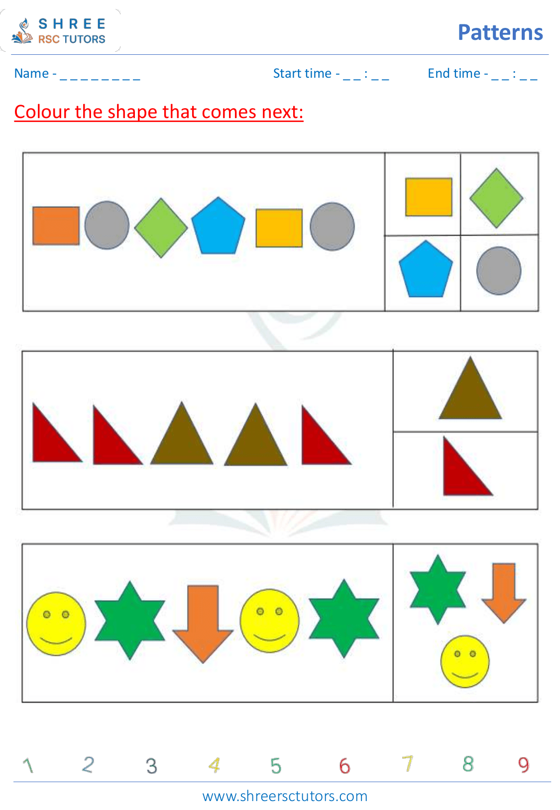 Recognizing patterns worksheets for Grade 1 Maths | shree rsc tutors