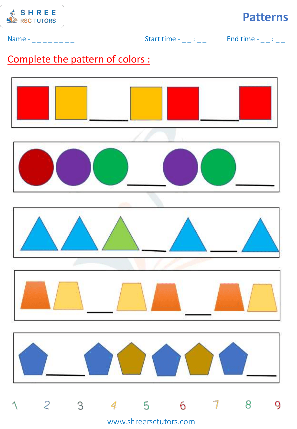 Recognizing patterns worksheets for Grade 1 Maths | shree rsc tutors