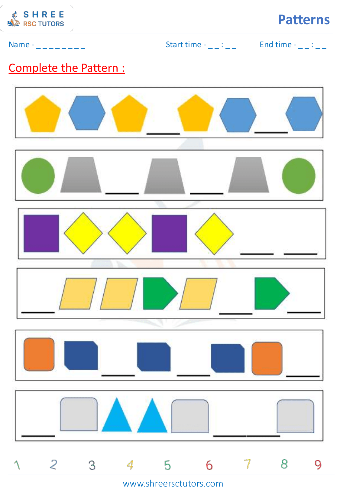 Recognizing patterns worksheets for Grade 1 Maths | shree rsc tutors