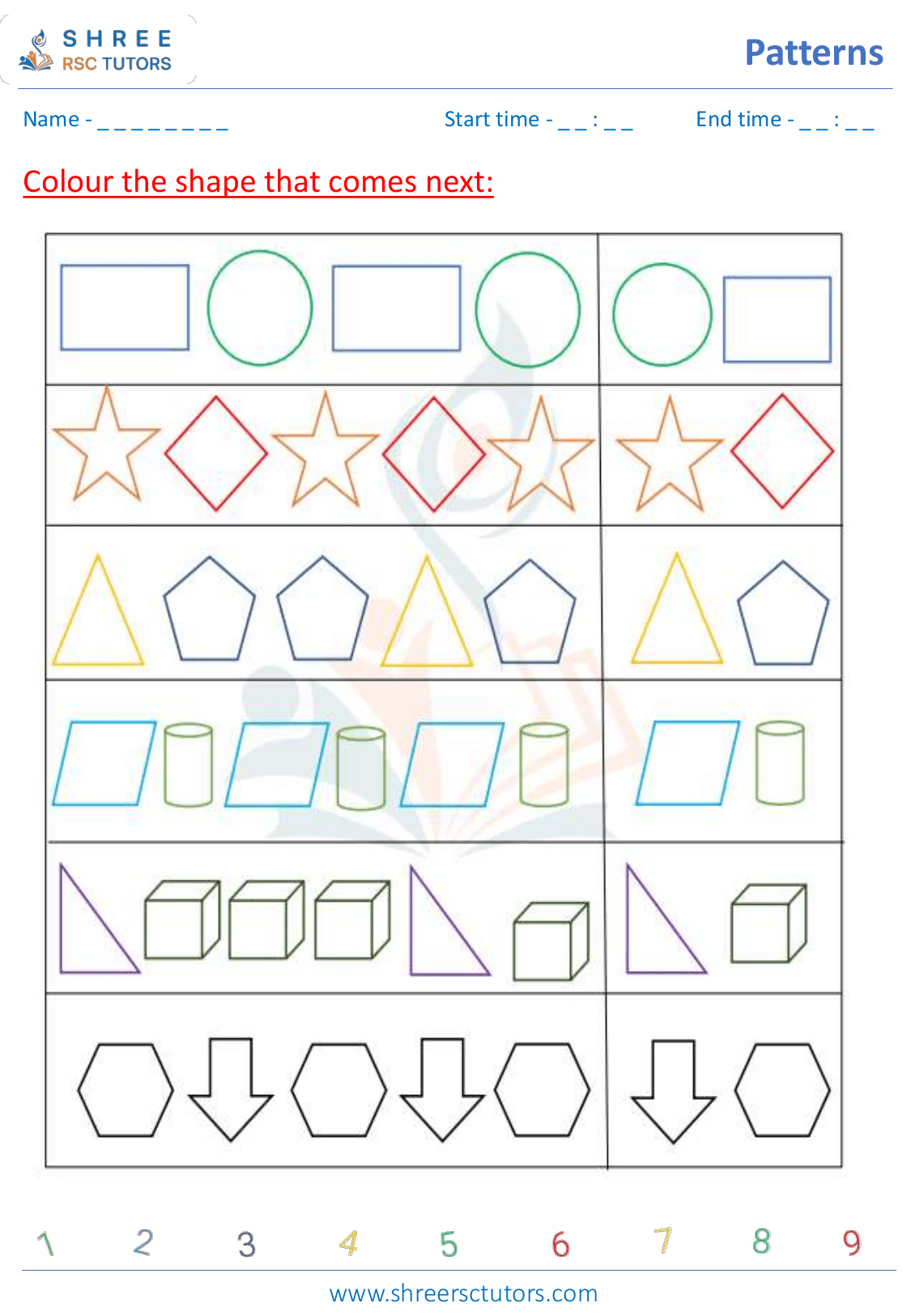 Recognizing patterns worksheets for Grade 1 Maths | shree rsc tutors
