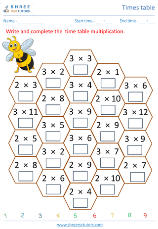 Grade 1  Maths worksheet: Time-table Practice - Practice 2's and 3' time tables