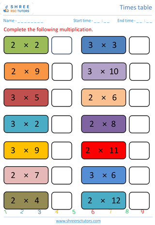 Grade 1  Maths worksheet: Time-table Practice - Practice 2's and 3' time tables