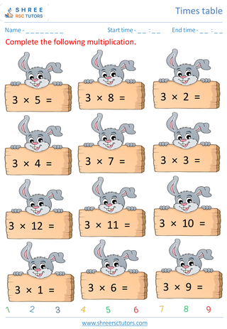 Grade 1  Maths worksheet: Time-table Practice - Practice 2's and 3' time tables