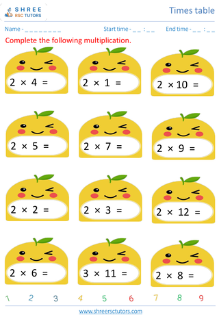 Grade 1  Maths worksheet: Time-table Practice - Practice 2's and 3' time tables