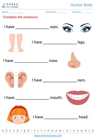 Grade 1  Science worksheet: Human Body - Our body