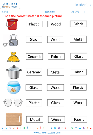 Grade 1  Science worksheet: Materials - Stuff around