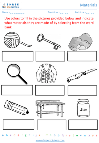 Grade 1  Science worksheet: Materials - Stuff around