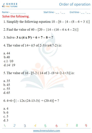 Grade 10  Maths worksheet: Order of operation