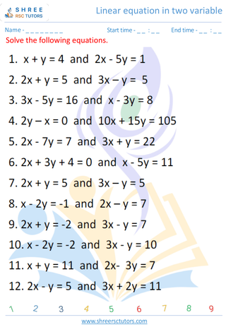 Grade 10  Maths worksheet: Pair of lienear equation