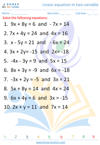 Grade 10  Maths worksheet: Pair of lienear equation