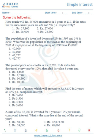 Grade 10  Maths worksheet: Simple interest