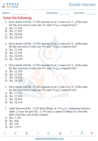 Grade 10  Maths worksheet: Simple interest