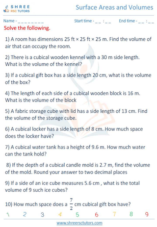 Grade 10  Maths worksheet: Surface Areas and Volumes