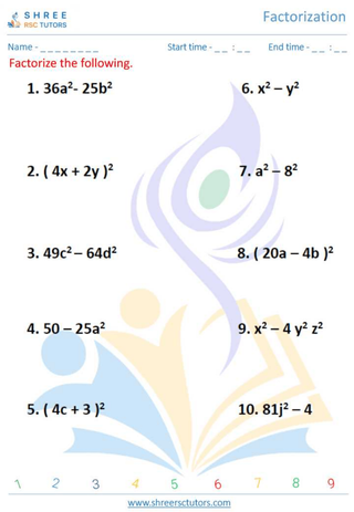 Grade 11  Maths worksheet: Factorization